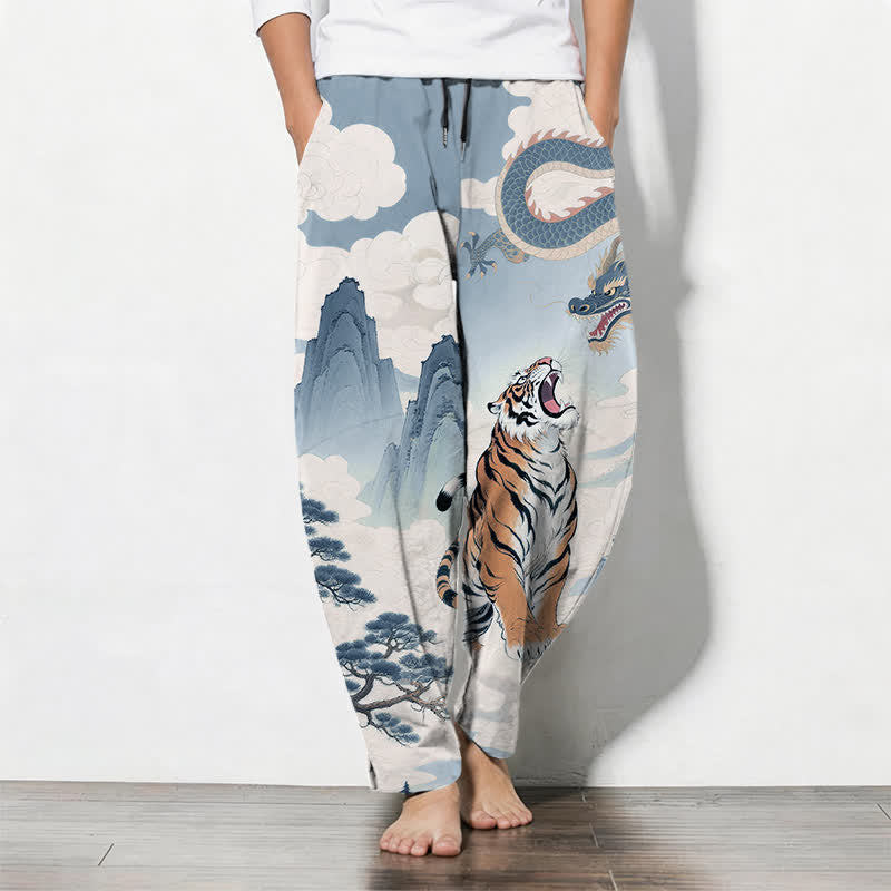 Buddha Stones Pure Cotton Tiger Dragon Landscape Pattern Drawstring Men's Tapered Pants With Pockets - LightBlue - US/UK/AU50,EU60 (5XL) - image 14