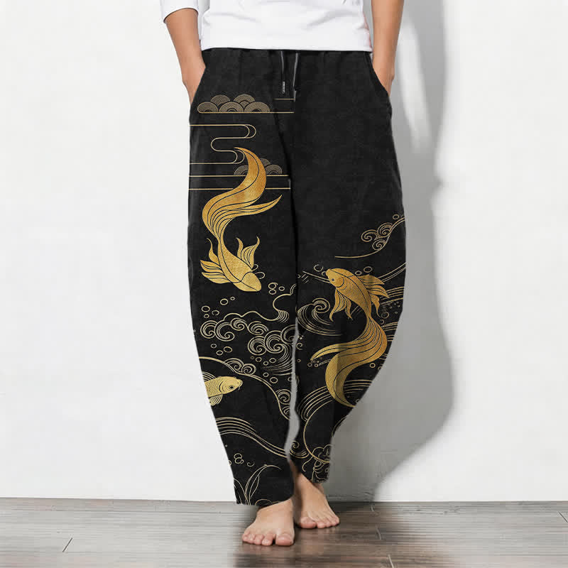 Buddha Stones Pure Cotton Golden Koi Fish Wave Pattern Drawstring Men's Tapered Pants With Pockets - Black - US/UK/AU50,EU60 (5XL) - image 0