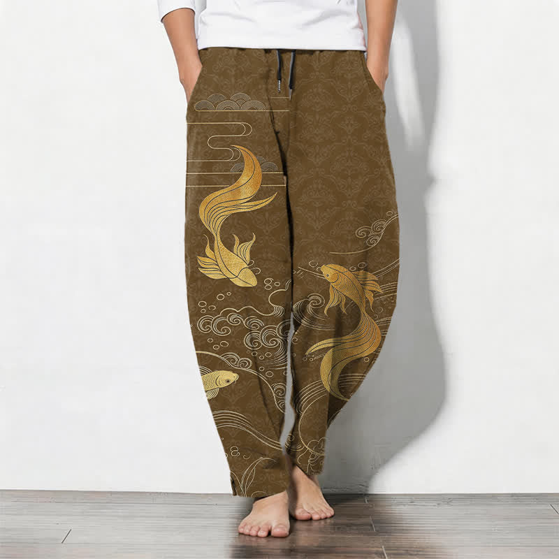 Buddha Stones Pure Cotton Golden Koi Fish Wave Pattern Drawstring Men's Tapered Pants With Pockets - SaddleBrown - US/UK/AU50,EU60 (5XL) - image 7