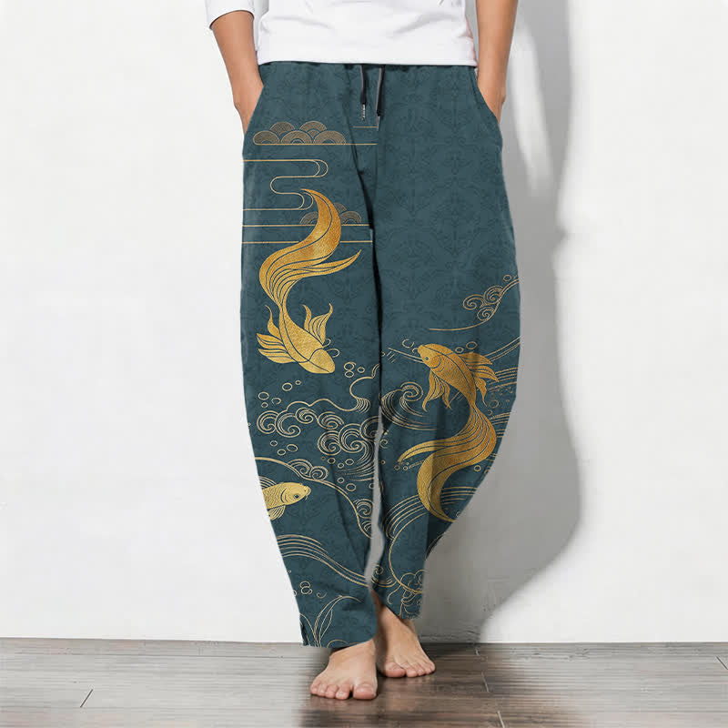 Buddha Stones Pure Cotton Golden Koi Fish Wave Pattern Drawstring Men's Tapered Pants With Pockets - Teal - US/UK/AU50,EU60 (5XL) - image 11