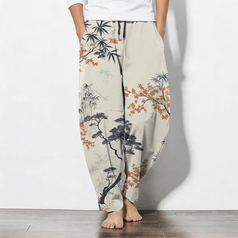 Buddha Stones Pure Cotton Maple Bamboo Pine Pattern Drawstring Men's Tapered Pants With Pockets - Linen - US/UK/AU50,EU60 (5XL) - image 0