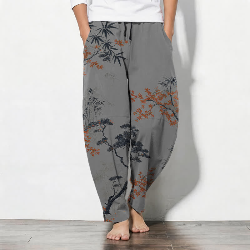 Buddha Stones Pure Cotton Maple Bamboo Pine Pattern Drawstring Men's Tapered Pants With Pockets - Gray - US/UK/AU50,EU60 (5XL) - image 7
