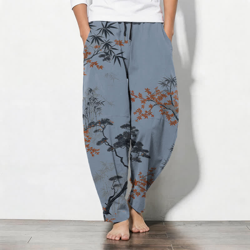 Buddha Stones Pure Cotton Maple Bamboo Pine Pattern Drawstring Men's Tapered Pants With Pockets - LightSteelBlue - US/UK/AU50,EU60 (5XL) - image 11