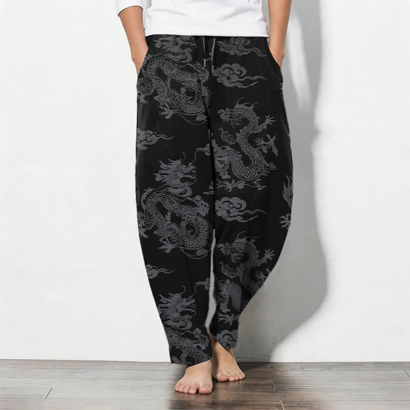 Buddha Stones Pure Cotton Dark Dragon Cloud Pattern Drawstring Men's Tapered Pants With Pockets - Black - US/UK/AU50,EU60 (5XL) - image 0