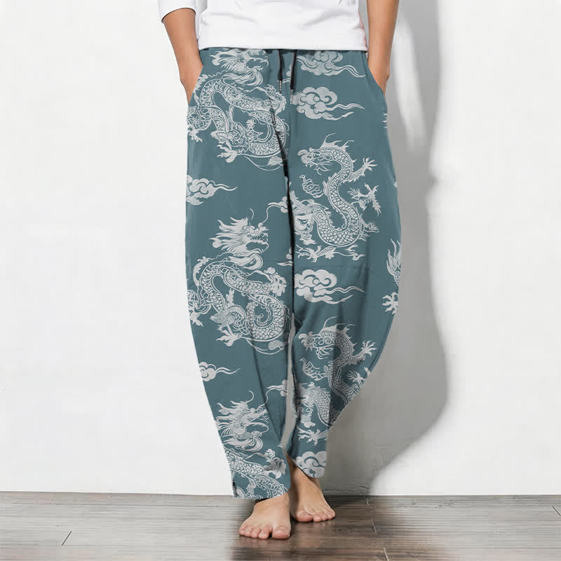 Buddha Stones Pure Cotton Dark Dragon Cloud Pattern Drawstring Men's Tapered Pants With Pockets - CadetBlue - US/UK/AU50,EU60 (5XL) - image 7