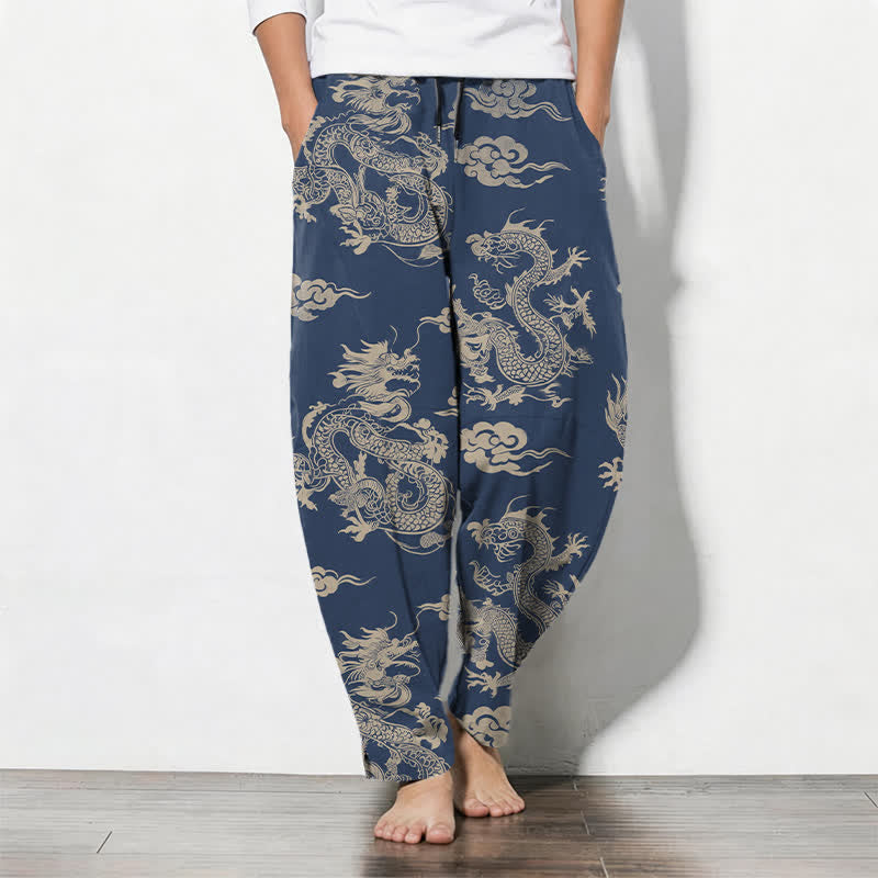 Buddha Stones Pure Cotton Dark Dragon Cloud Pattern Drawstring Men's Tapered Pants With Pockets - Navy - US/UK/AU50,EU60 (5XL) - image 11