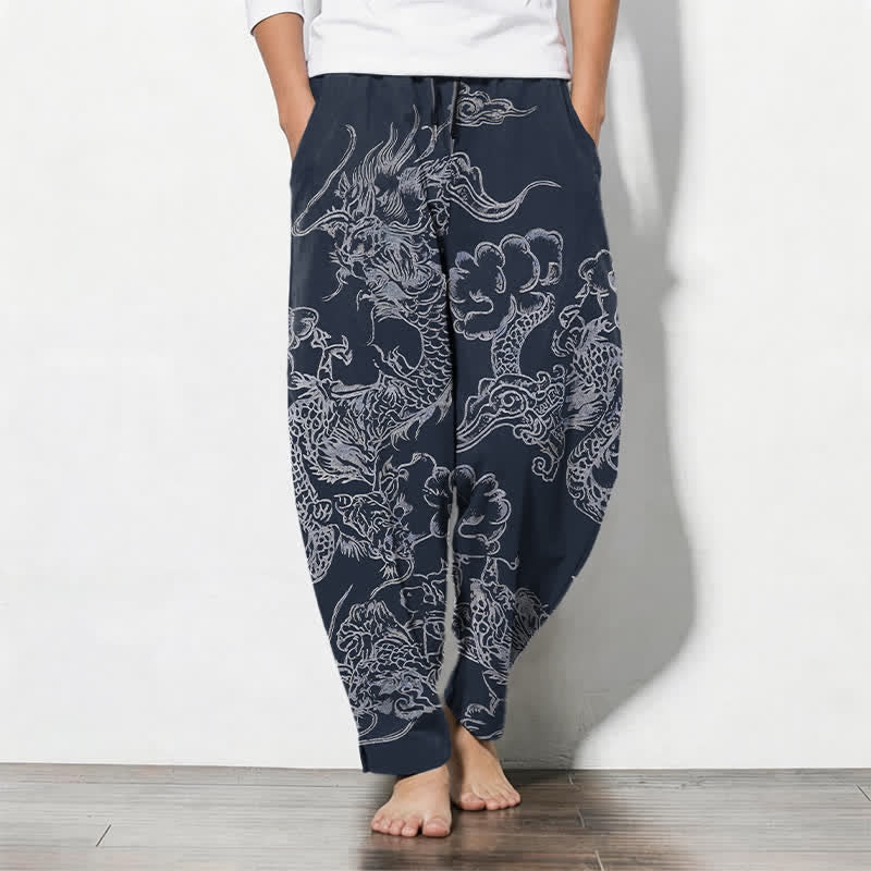 Buddha Stones Pure Cotton Dragon Cloud Pattern Drawstring Men's Tapered Pants With Pockets - Navy - US/UK/AU50,EU60 (5XL) - image 0