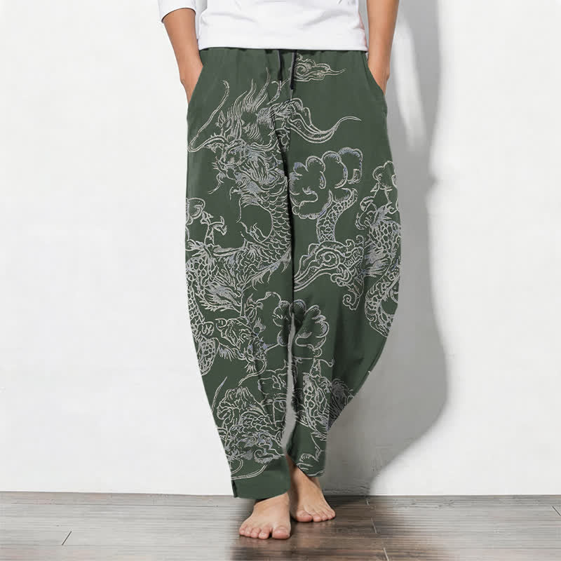 Buddha Stones Pure Cotton Dragon Cloud Pattern Drawstring Men's Tapered Pants With Pockets - DarkOliveGreen - US/UK/AU50,EU60 (5XL) - image 7