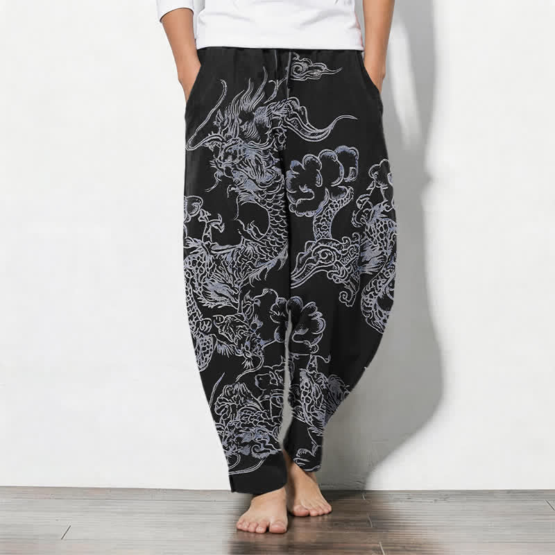 Buddha Stones Pure Cotton Dragon Cloud Pattern Drawstring Men's Tapered Pants With Pockets - Black - US/UK/AU50,EU60 (5XL) - image 11