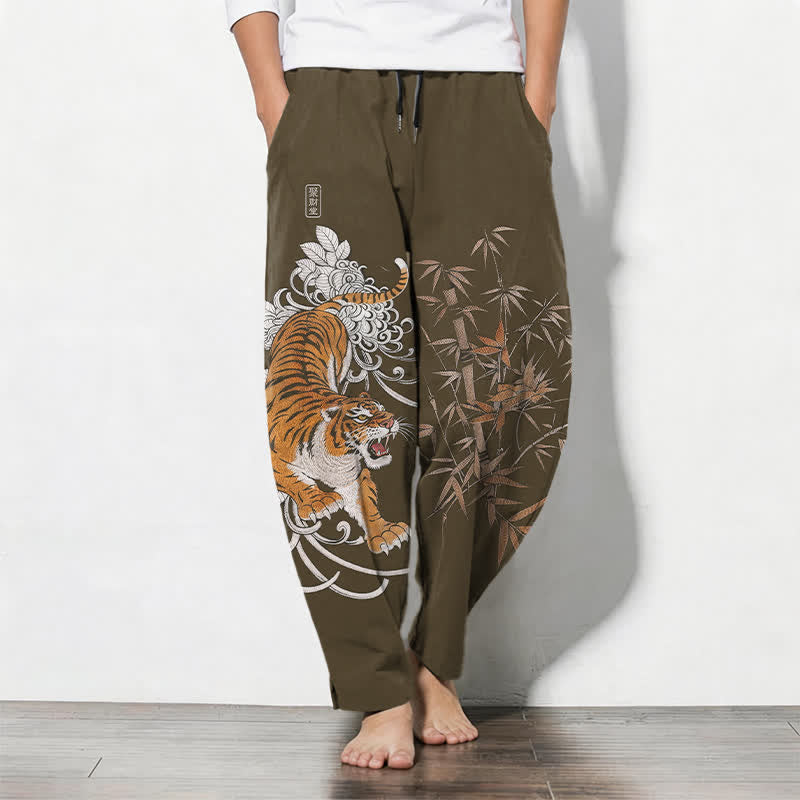 Buddha Stones Pure Cotton Roaring Tiger Bamboo Pattern Drawstring Men's Tapered Pants With Pockets - Olive - US/UK/AU50,EU60 (5XL) - image 0
