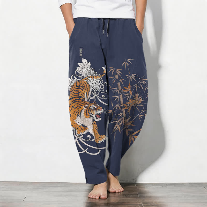 Buddha Stones Pure Cotton Roaring Tiger Bamboo Pattern Drawstring Men's Tapered Pants With Pockets - Navy - US/UK/AU50,EU60 (5XL) - image 7