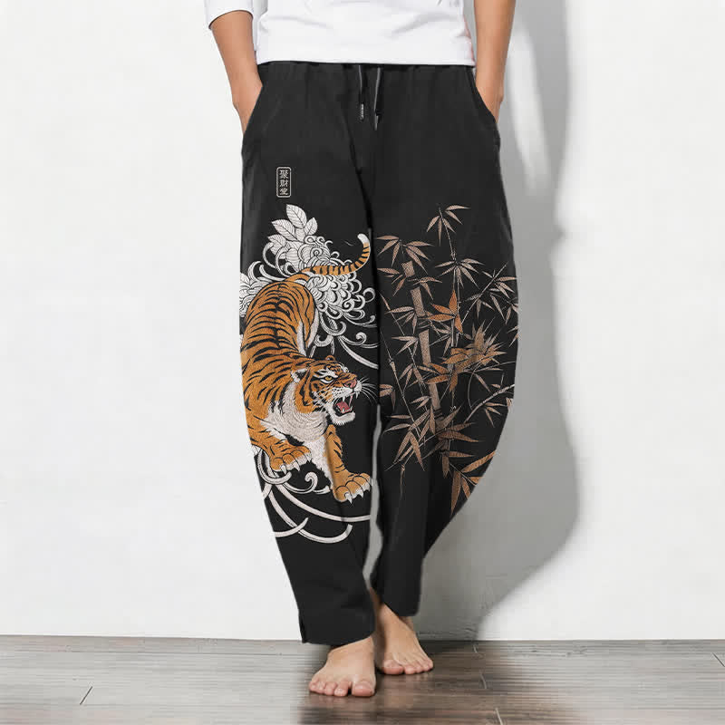 Buddha Stones Pure Cotton Roaring Tiger Bamboo Pattern Drawstring Men's Tapered Pants With Pockets - Black - US/UK/AU50,EU60 (5XL) - image 11