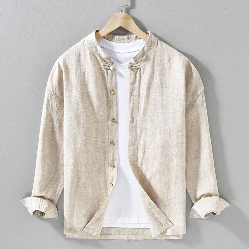 Buddha Stones Fall Casual Tang Style Mandarin Collar Solid Men's Long Sleeve Shirts - Beige - US/UK/AU42,EU52 (3XL) - image 8