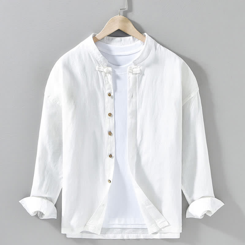 Buddha Stones Fall Casual Tang Style Mandarin Collar Solid Men's Long Sleeve Shirts - White - US/UK/AU42,EU52 (3XL) - image 16
