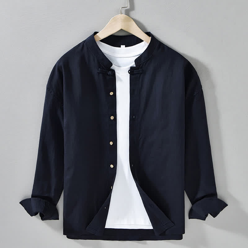 Buddha Stones Fall Casual Tang Style Mandarin Collar Solid Men's Long Sleeve Shirts - MidnightBlue - US/UK/AU42,EU52 (3XL) - image 5