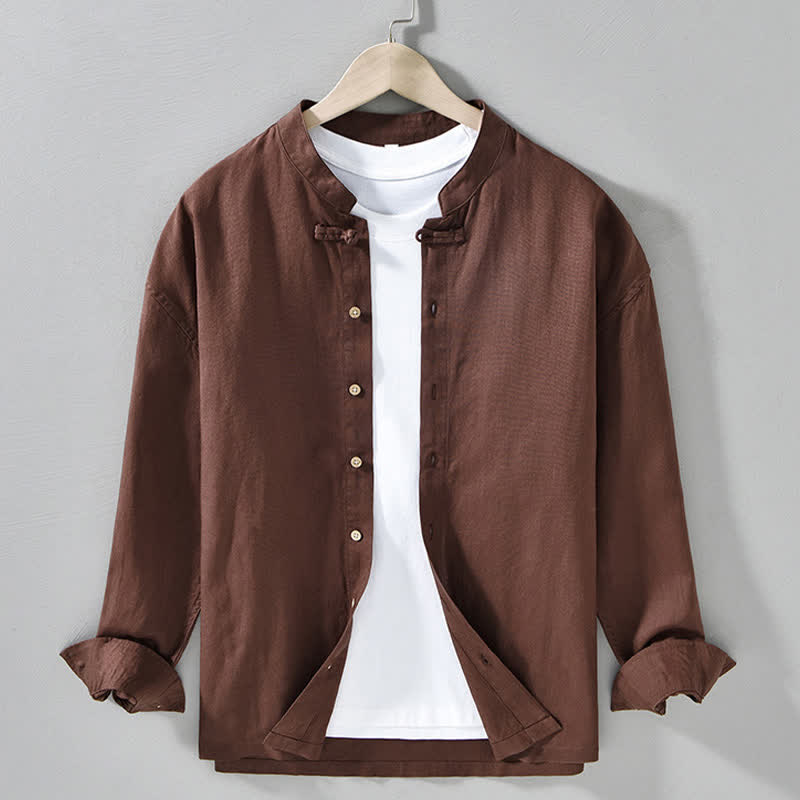 Buddha Stones Fall Casual Tang Style Mandarin Collar Solid Men's Long Sleeve Shirts - SaddleBrown - US/UK/AU42,EU52 (3XL) - image 0