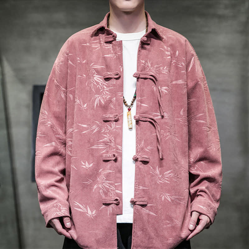 Buddha Stones Fall Winter Tang Style Frog Button Bamboo Print Corduroy Men's Long Sleeve Shirts - RosyBrown - US/UK/AU46,EU56 (5XL) - image 9