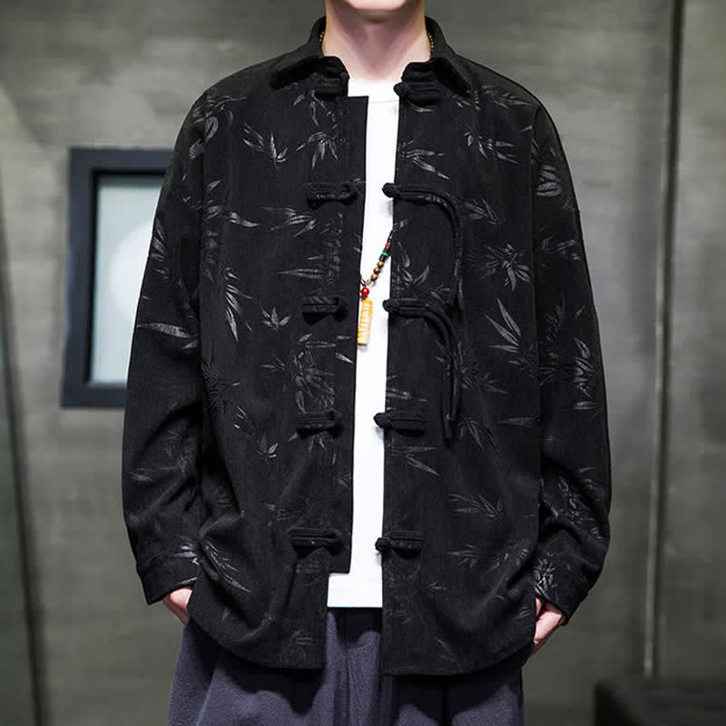 Buddha Stones Fall Winter Tang Style Frog Button Bamboo Print Corduroy Men's Long Sleeve Shirts - Black - US/UK/AU46,EU56 (5XL) - image 17