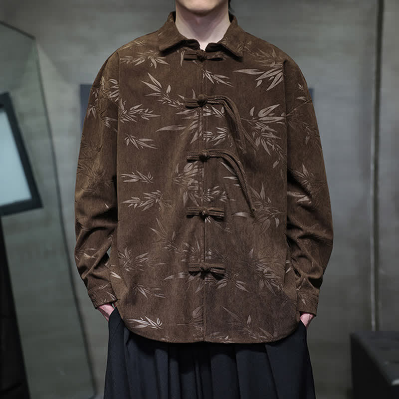 Buddha Stones Fall Winter Tang Style Frog Button Bamboo Print Corduroy Men's Long Sleeve Shirts - SaddleBrown - US/UK/AU46,EU56 (5XL) - image 25
