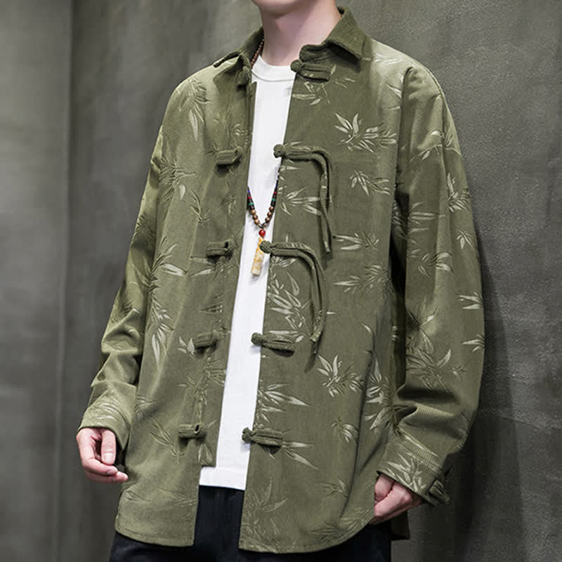 Buddha Stones Fall Winter Tang Style Frog Button Bamboo Print Corduroy Men's Long Sleeve Shirts - OliveDrab - US/UK/AU46,EU56 (5XL) - image 0