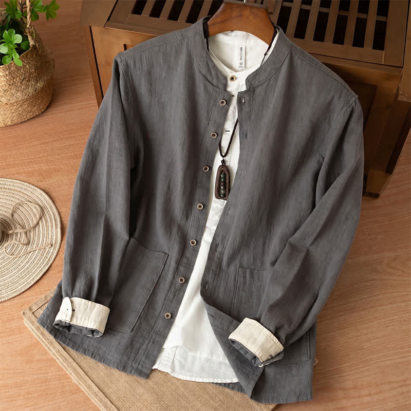 Buddha Stones Fall Casual Tang Style Mandarin Collar Solid Linen Men's Long Sleeve Shirts With Pockets - DimGray - US/UK/AU44,EU54 (4XL) - image 11