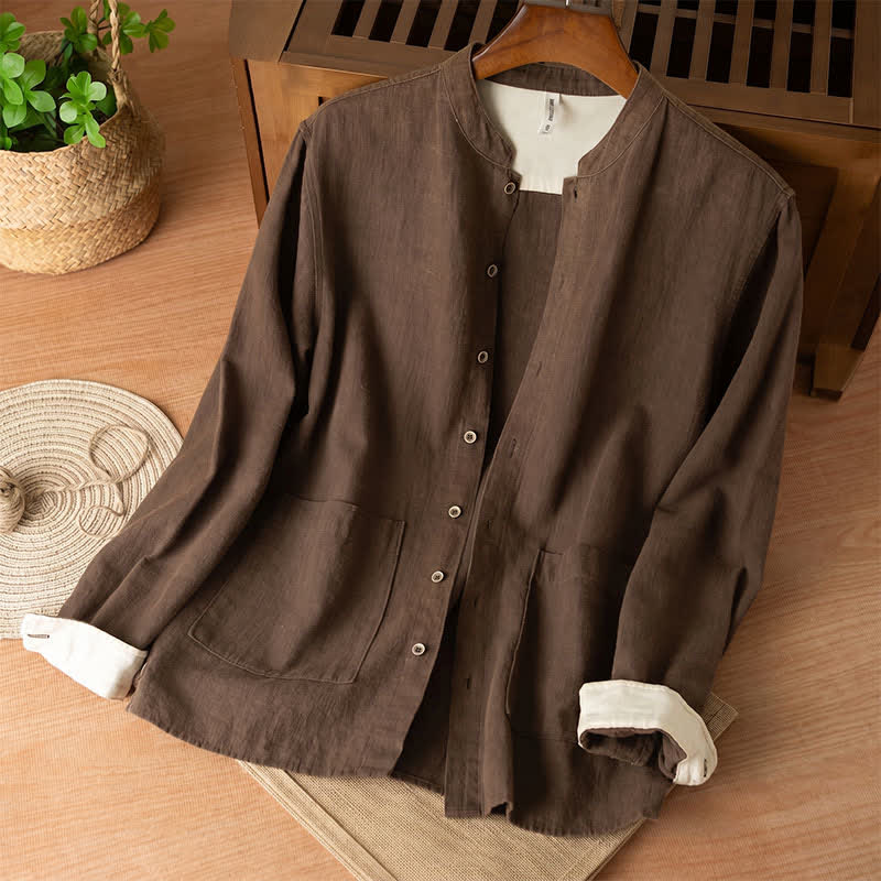 Buddha Stones Fall Casual Tang Style Mandarin Collar Solid Linen Men's Long Sleeve Shirts With Pockets - SaddleBrown - US/UK/AU44,EU54 (4XL) - image 0