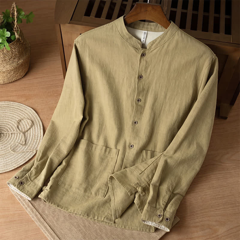 Buddha Stones Fall Casual Tang Style Mandarin Collar Solid Linen Men's Long Sleeve Shirts With Pockets - DarkKhaki - US/UK/AU44,EU54 (4XL) - image 19