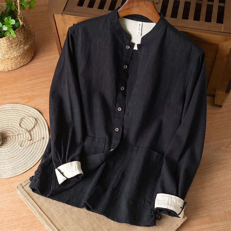 Buddha Stones Fall Casual Tang Style Mandarin Collar Solid Linen Men's Long Sleeve Shirts With Pockets - Black - US/UK/AU44,EU54 (4XL) - image 7