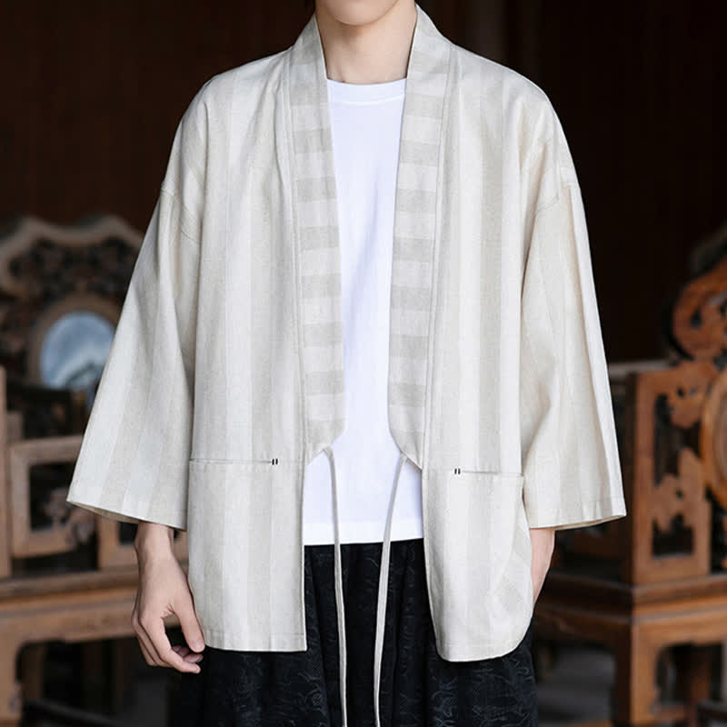 Buddha Stones Spring Summer Casual Tang Style Drawstring Solid Cotton Linen Three-Quarter Sleeve Men's Kimono With Pocket - Beige - US/UK/AU46,EU56 (5XL) - image 0