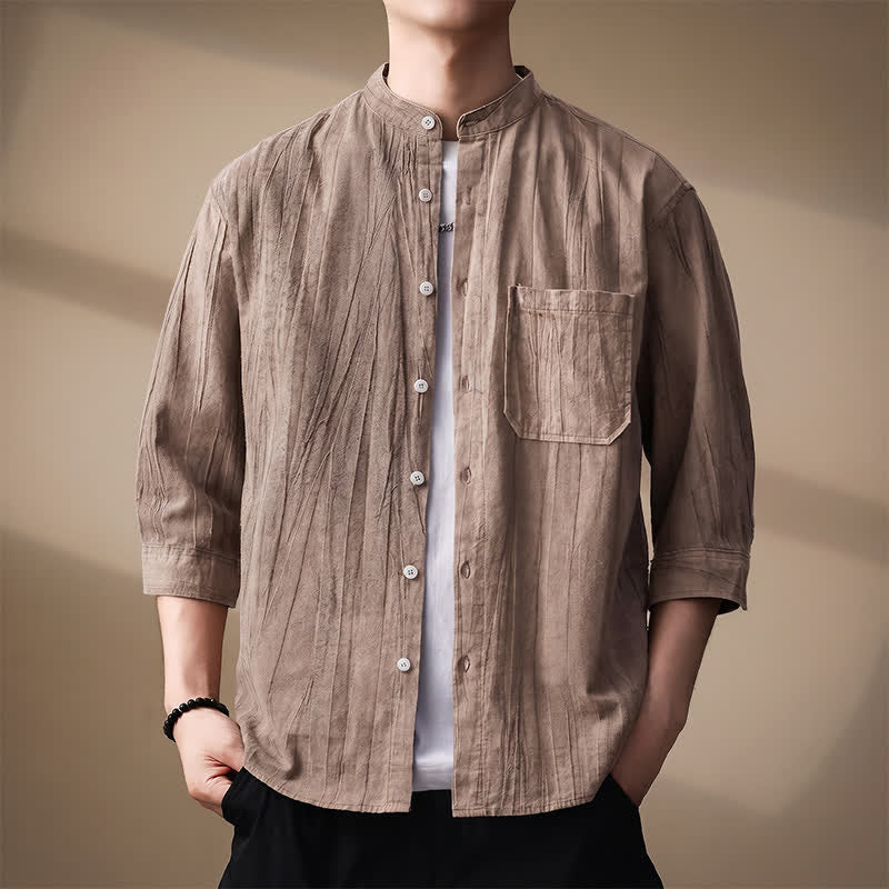 Buddha Stones Spring Summer Casual Mandarin Collar Solid Cotton Men's Long Sleeve Shirts With Patch Pocket - Tan - US/UK/AU44,EU54 (4XL) - image 0