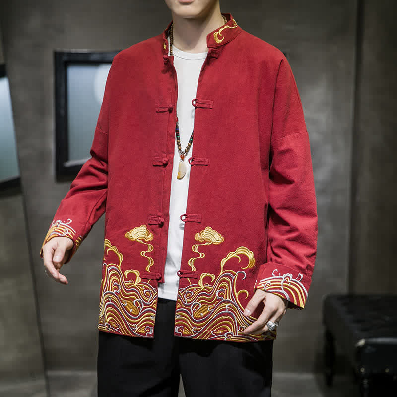 Buddha Stones Fall Winter Tang Style Vintage Frog Button Embroidery Clouds Pattern Cotton Men's Jacket - FireBrick - US/UK/AU46,EU56 (5XL) - image 0