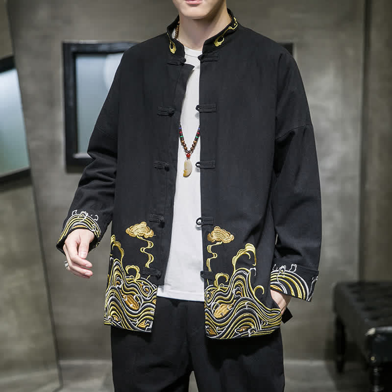 Buddha Stones Fall Winter Tang Style Vintage Frog Button Embroidery Clouds Pattern Cotton Men's Jacket - Black - US/UK/AU46,EU56 (5XL) - image 9