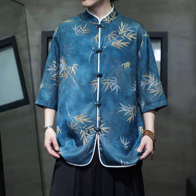 Buddha Stones Spring Summer Vintage Tang Style Mandarin Collar Bamboo Print Men's Elbow-Length Sleeve Shirts - SkyBlue - US/UK/AU46,EU56 (5XL) - image 18