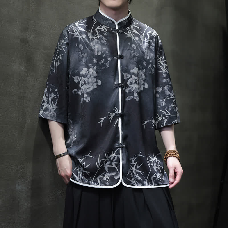 Buddha Stones Spring Summer Vintage Tang Style Mandarin Collar Bamboo Print Men's Elbow-Length Sleeve Shirts - Black - US/UK/AU46,EU56 (5XL) - image 10