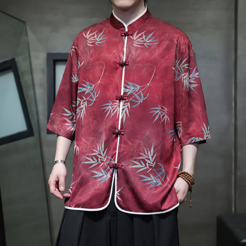 Buddha Stones Spring Summer Vintage Tang Style Mandarin Collar Bamboo Print Men's Elbow-Length Sleeve Shirts - FireBrick - US/UK/AU46,EU56 (5XL) - image 0
