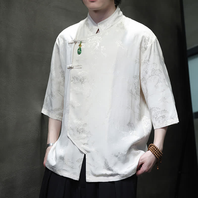 Buddha Stones Spring Tang Style Elegant Mandarin Collar Frog Button Men's Elbow-Length Sleeve Shirts - White - US/UK/AU46,EU56 (5XL) - image 0
