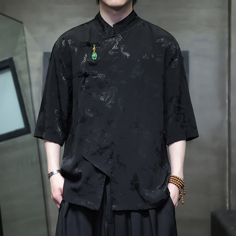 Buddha Stones Spring Tang Style Elegant Mandarin Collar Frog Button Men's Elbow-Length Sleeve Shirts - Black - US/UK/AU46,EU56 (5XL) - image 9