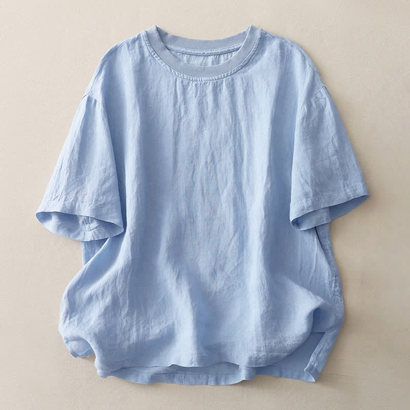 Buddha Stones Plain Threaded Crew Neck Design Women's Polyester Short Sleeves Shirt - LightSkyBlue - US14,UK/AU18,EU46 (2XL) - image 0