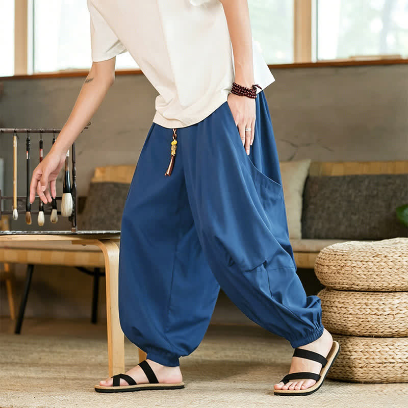 Buddha Stones Summer Casual Vintage Drawstring Solid Ankle Length Pants Men's Harem Pants With Pockets - SteelBlue - US/UK/AU46,EU56 (5XL) - image 13