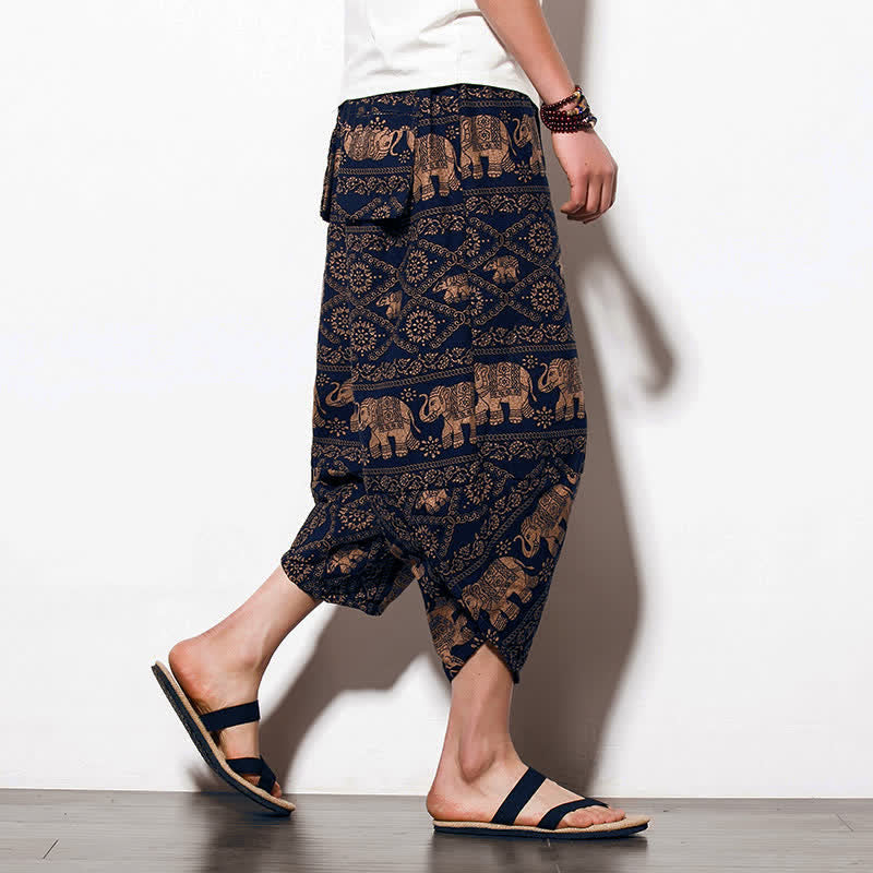 Buddha Stones Elephant Brown Black Print Men's Long Cropped Harem Pants With Pockets - Cropped Style Elephant - US/UK/AU46,EU56 (5XL) - image 9
