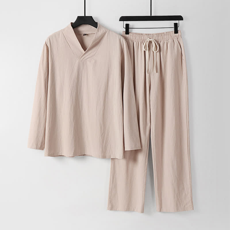 Buddha Stones Cross-Collars Cotton Linen Tang Suit Hanfu Top Pants Clothing Men's Set - Bisque - US/UK/AU54,EU64 (9XL) - image 10