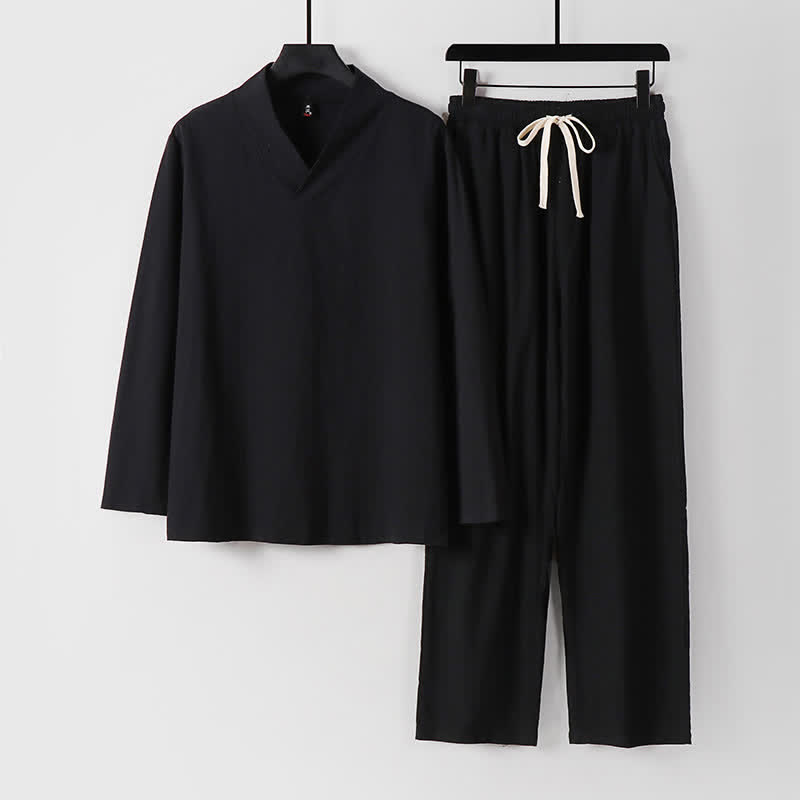 Buddha Stones Cross-Collars Cotton Linen Tang Suit Hanfu Top Pants Clothing Men's Set - Black - US/UK/AU54,EU64 (9XL) - image 3
