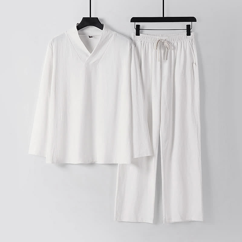 Buddha Stones Cross-Collars Cotton Linen Tang Suit Hanfu Top Pants Clothing Men's Set - White - US/UK/AU54,EU64 (9XL) - image 13