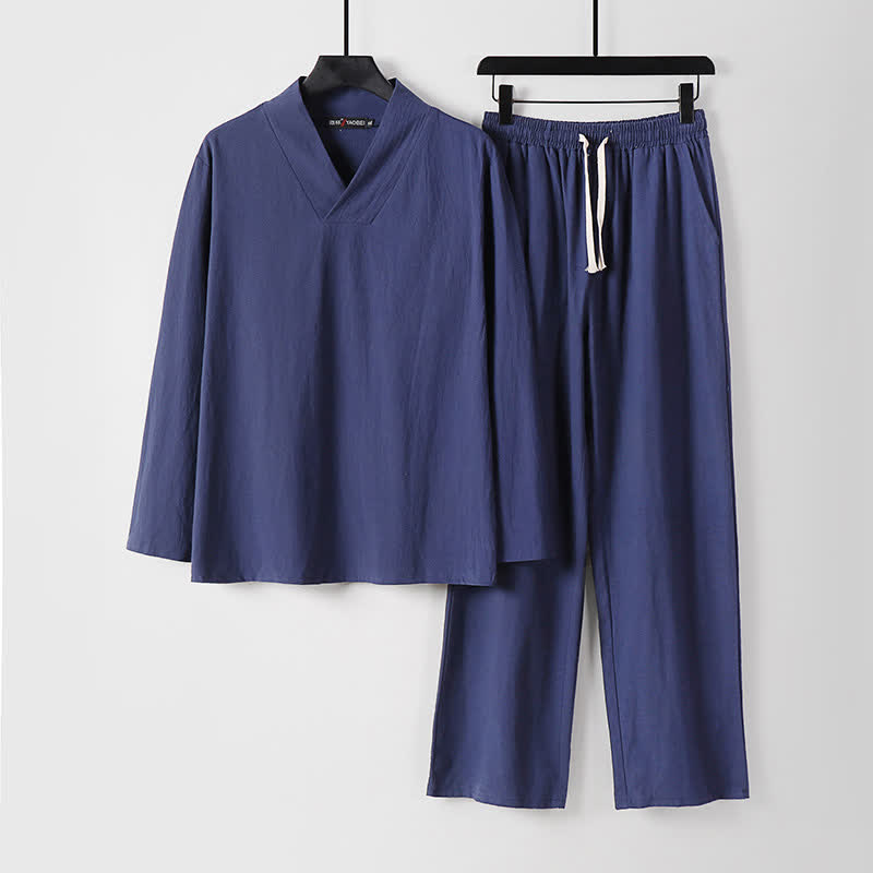Buddha Stones Cross-Collars Cotton Linen Tang Suit Hanfu Top Pants Clothing Men's Set - DarkSlateBlue - US/UK/AU54,EU64 (9XL) - image 23