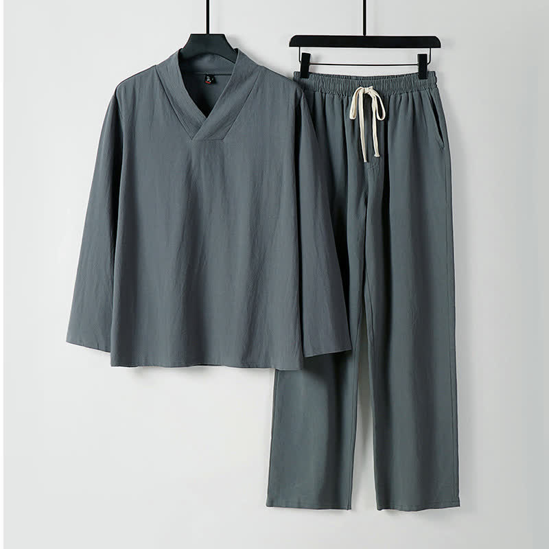 Buddha Stones Cross-Collars Cotton Linen Tang Suit Hanfu Top Pants Clothing Men's Set - Gray - US/UK/AU54,EU64 (9XL) - image 0