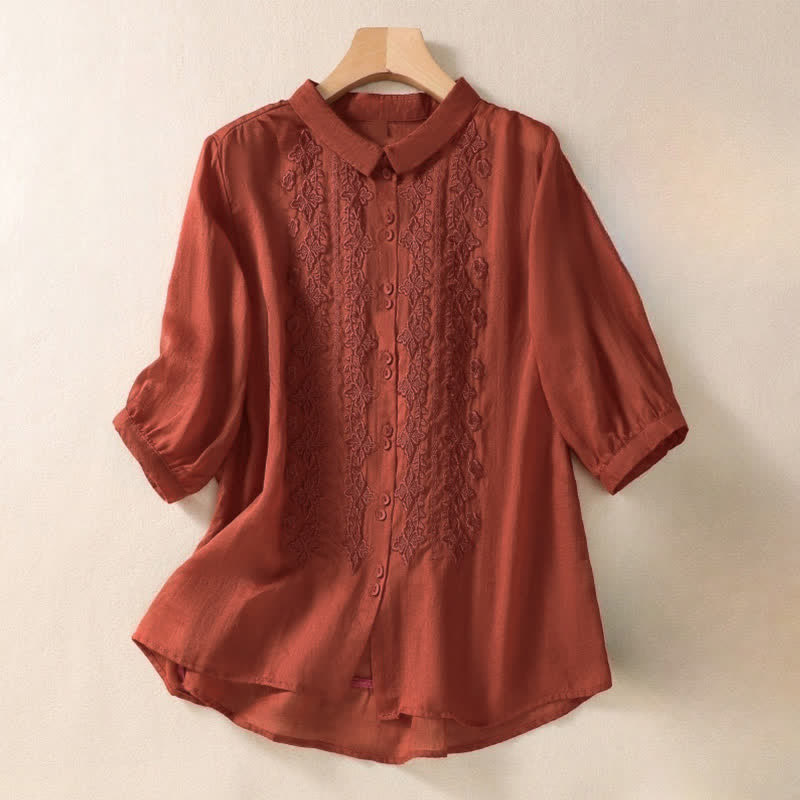 Buddha Stones Summer Plain Button Embroidery Flower Pattern Three Quarter Sleeve Lapel Women's Shirt - Red - US12,UK/AU16,EU44 (2XL) - image 19