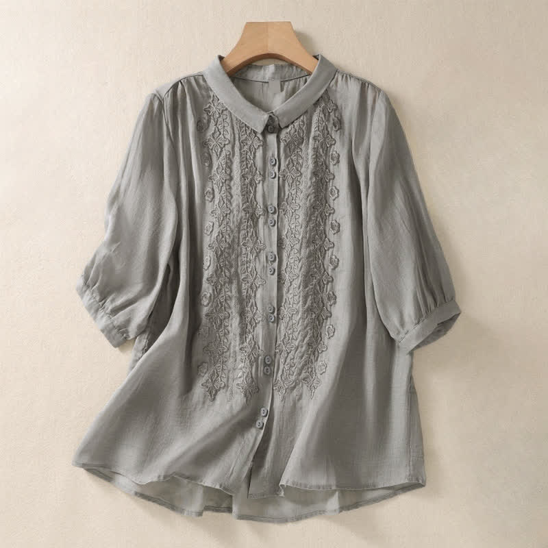 Buddha Stones Summer Plain Button Embroidery Flower Pattern Three Quarter Sleeve Lapel Women's Shirt - DarkGray - US12,UK/AU16,EU44 (2XL) - image 13