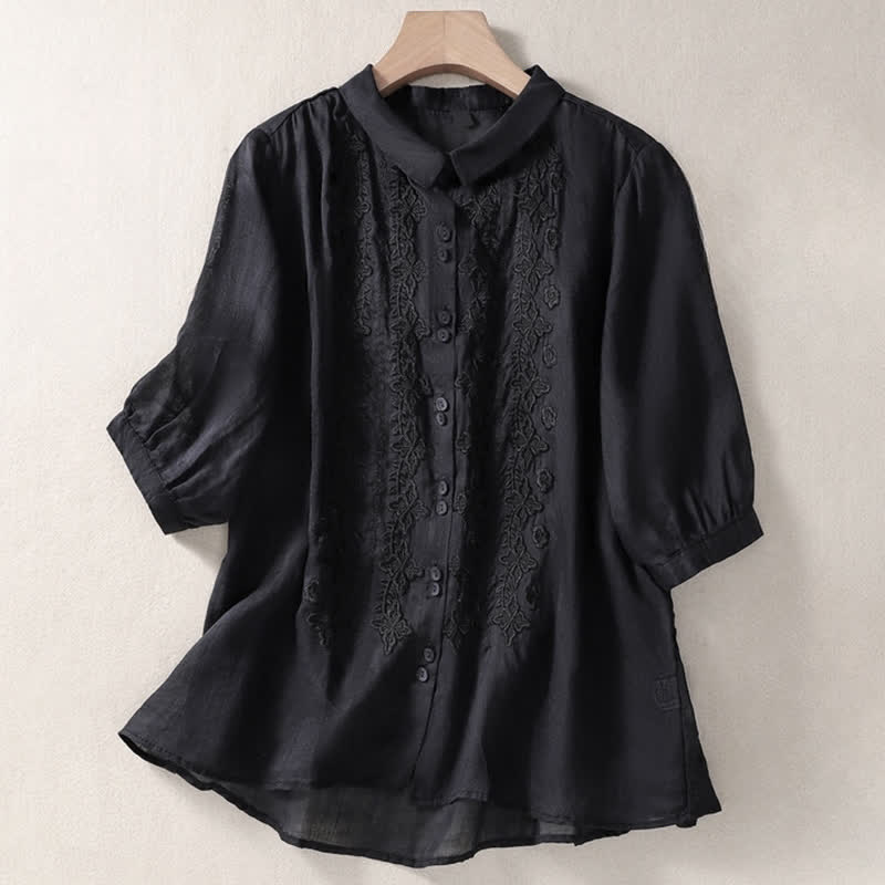 Buddha Stones Summer Plain Button Embroidery Flower Pattern Three Quarter Sleeve Lapel Women's Shirt - Black - US12,UK/AU16,EU44 (2XL) - image 26