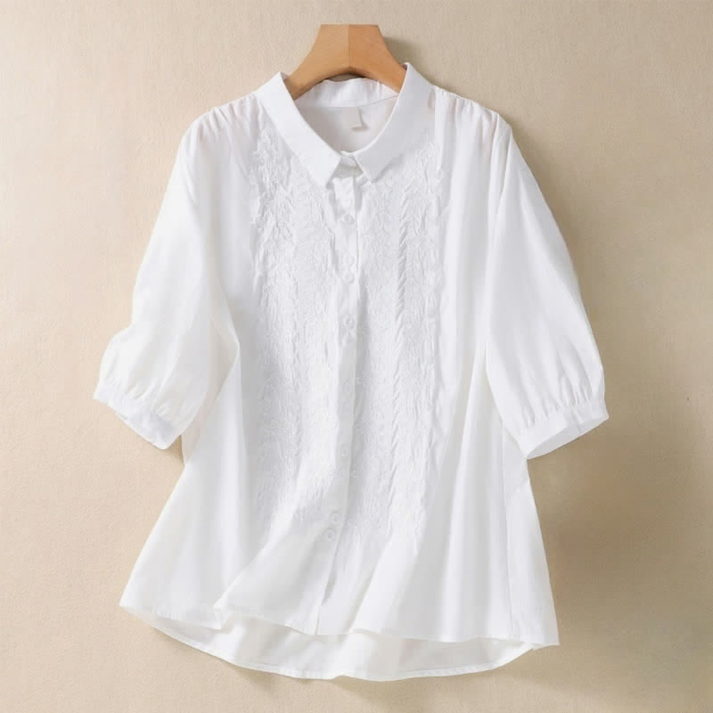 Buddha Stones Summer Plain Button Embroidery Flower Pattern Three Quarter Sleeve Lapel Women's Shirt - White - US12,UK/AU16,EU44 (2XL) - image 5