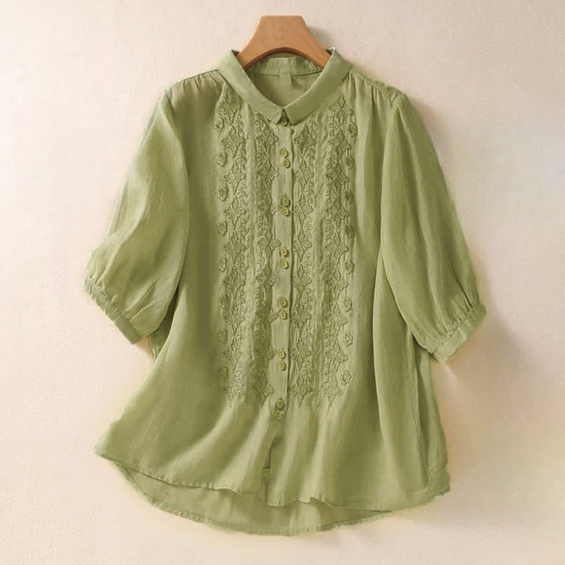 Buddha Stones Summer Plain Button Embroidery Flower Pattern Three Quarter Sleeve Lapel Women's Shirt - PaleGreen - US12,UK/AU16,EU44 (2XL) - image 0
